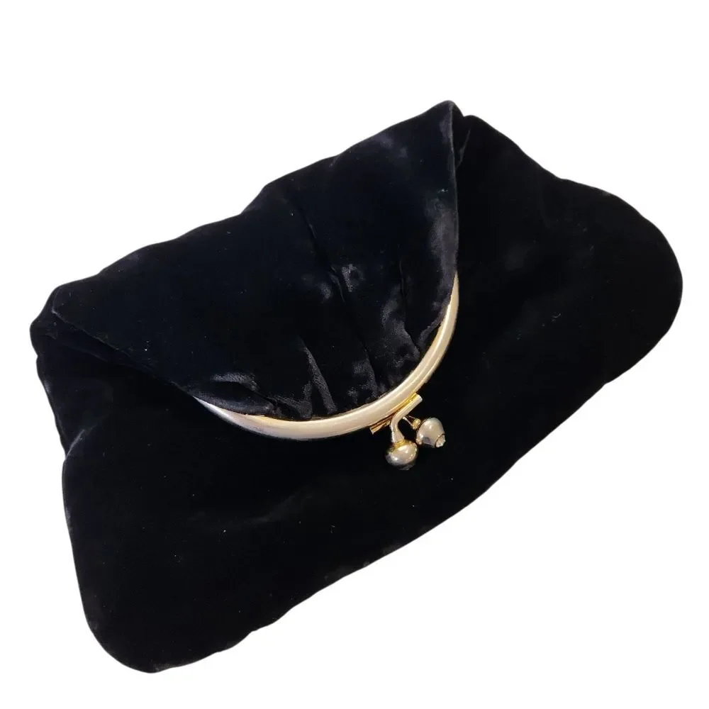 Vintage Black Velvet Fold Over Clutch Evening Bag Rhinestone Clip Frame Retro